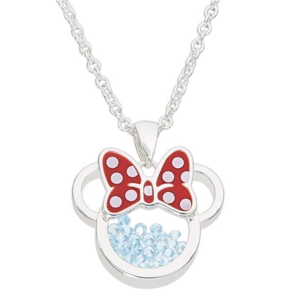 Silver Minnie Mouse March Aquamarine Cubic Zirconia Birthstone Necklace - Picture 1 of 6